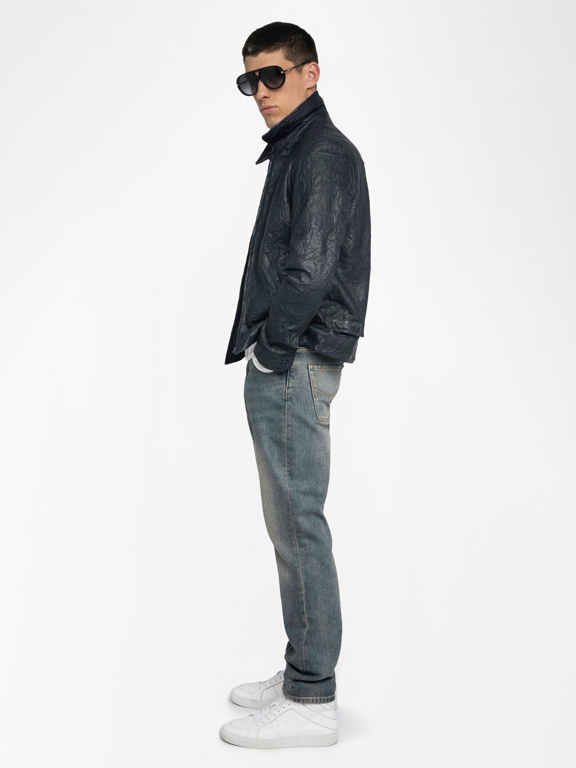 Loumy Leather Jacket - Clean crinkled leather jacket with zip fastening, piped pockets and embossed wings signature on back.